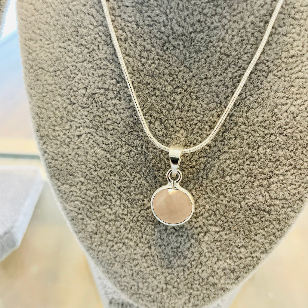 11mm Rose Quartz Facet Charm Pendant with Sterling Silver Bail And 16" Sterling silver Snake Chain