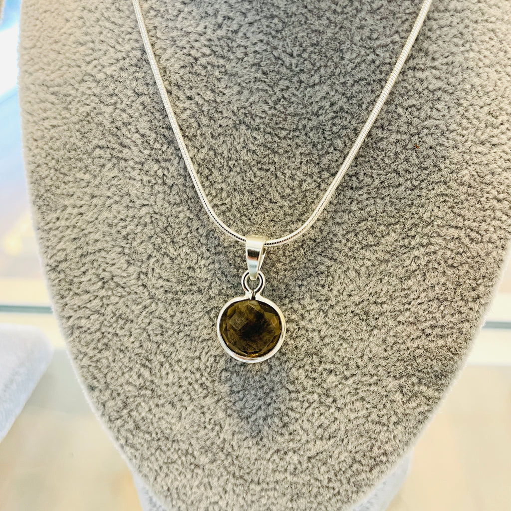 11mm Smokey Quartz Facet Charm Pendant with Sterling Silver Bail And 16" Sterling silver Snake Chain